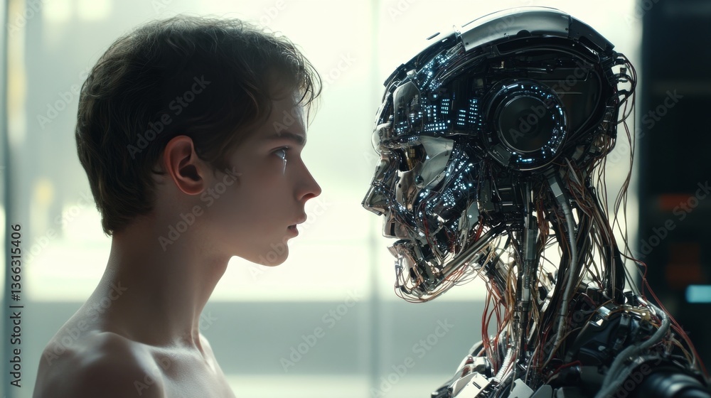 Poster a futuristic scene featuring a human and a robot facing each other, symbolizing artificial intellige