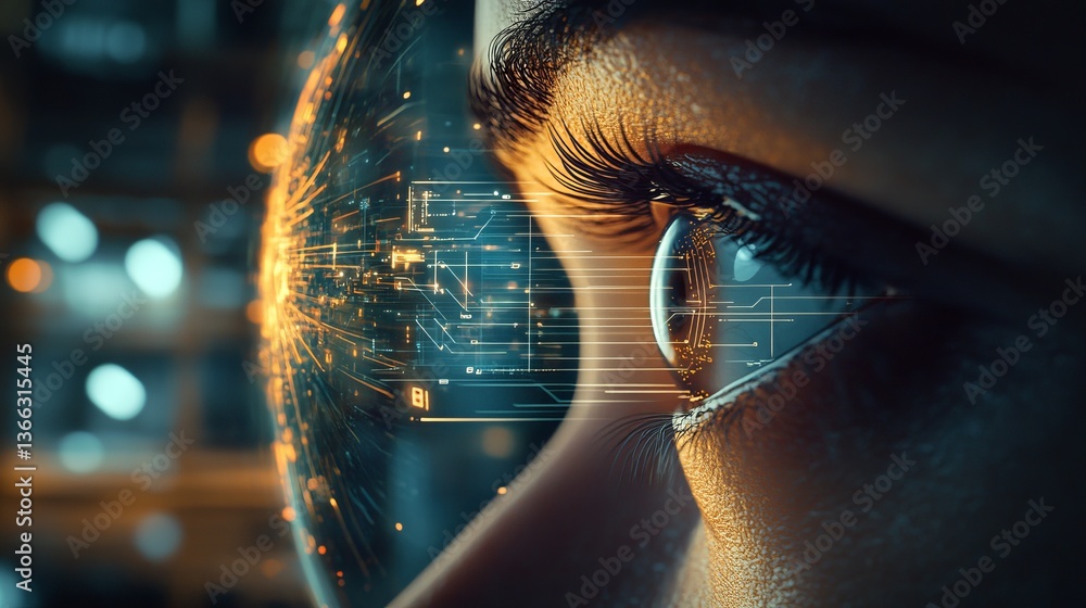 Poster a captivating close-up of a human eye enhanced with a glowing overlay of ai-generated data and circu