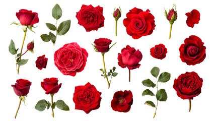 Red rose blossoms and stems, romantic floral set, cut out transparent