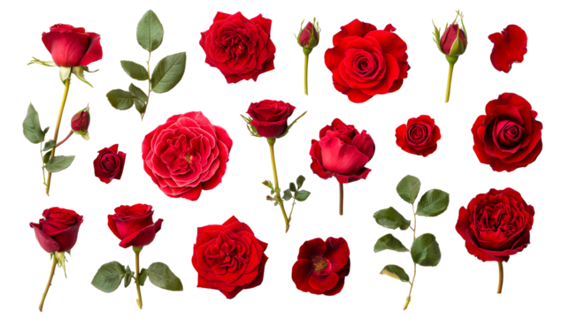 Red rose blossoms and stems, romantic floral set, cut out transparent