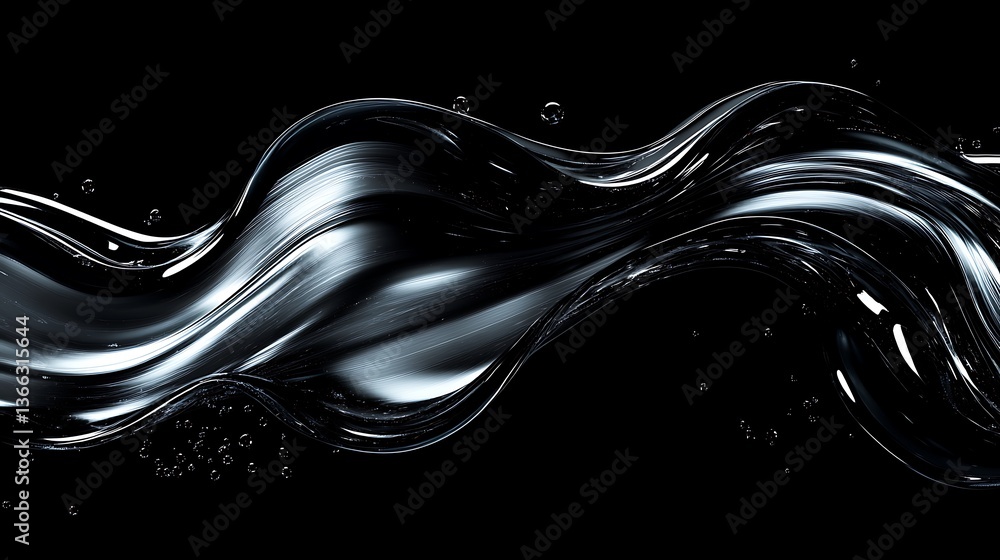 Poster abstract liquid wave with bubbles on dark background, elegant curved shape for graphic design elemen