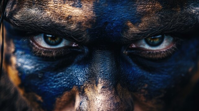 Celtic Warrior Ready for Battle in Ancient Britain with Woad Face Paint and Intense Stare