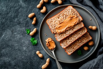 Slices of whole grain bread are generously spread with creamy peanut butter, surrounded by scattered peanuts and fresh herbs on a dark plate. A spoon rests beside the bread