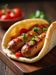 A Grilled Sausage Is Served In A Warm Pita Bread With Optional Toppings Such As Tomatoes Or Pickled Peppers For Added Flavor.