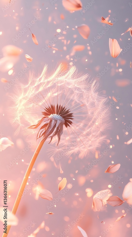 Poster close-up of a dandelion scattering seeds and surrounded by floating pink petals in soft light. captu