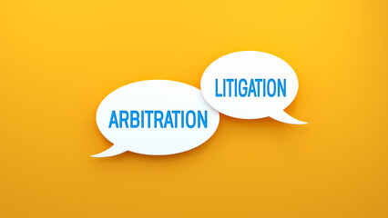 Arbitration and Litigation text message on speech bubble. Web banner concept,yellow background illustration