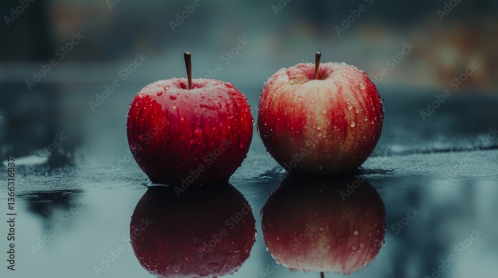 Poster close-up of two vibrant red apples resting on a reflective black surface, covered in fresh water dro