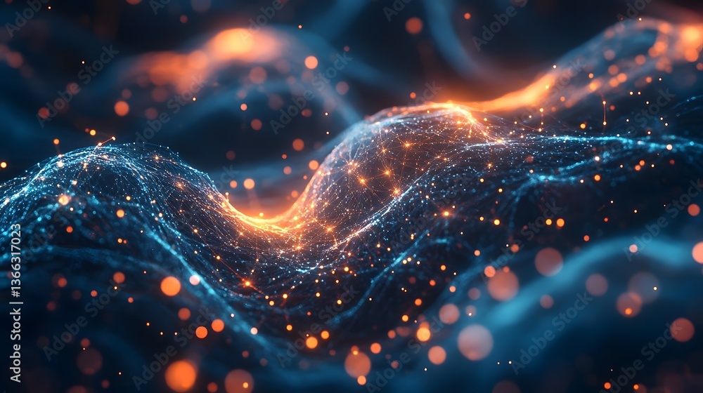 Poster abstract flowing energy forms with glowing particles, representing data, technology, and digital con