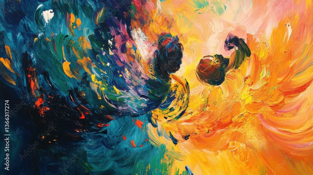 Poster abstract expressionist painting featuring dynamic interplay of colors and textures