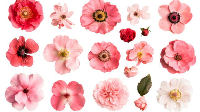 Assorted pink flowers collection on black background, cut out transparent
