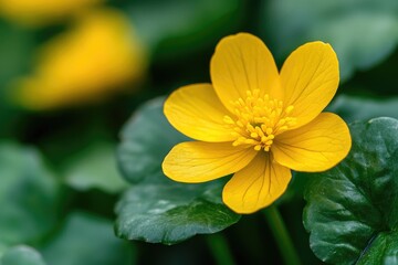 Fototapeta premium Vibrant Marsh Marigold: A Close-Up of Yellow Blooms in Spring Nature