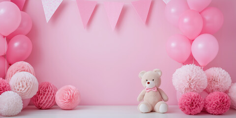 Adorable teddy bear with pink decorations in a festive and cheerful celebration