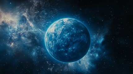 A vibrant depiction of a glowing blue planet surrounded by shimmering cosmic light and stars. This ethereal scene highlights the beauty and mystery of the galaxy.. AI Generation