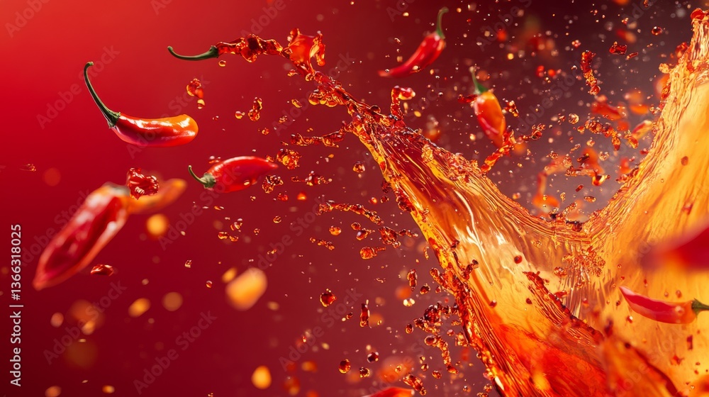 Poster a vibrant depiction of red chili peppers surrounded by a dynamic burst of orange liquid, creating an