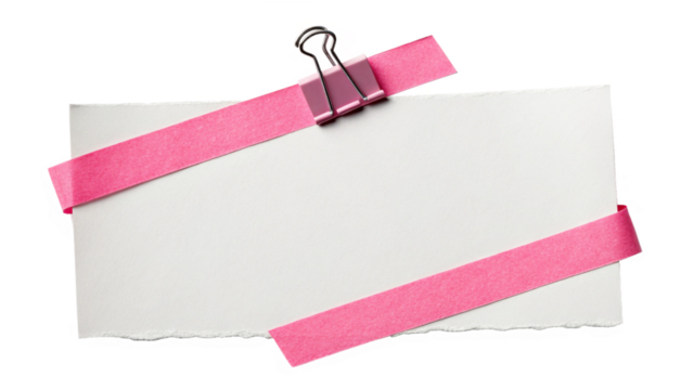 clip white note card with pink tape and binder clip isolated on white background.