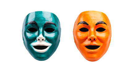 Two theatrical masks, different colors, expressing emotions, cut out transparent