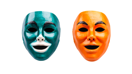 Two theatrical masks, different colors, expressing emotions, cut out transparent
