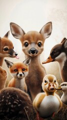 Obraz premium Adorable cartoon animals fawn, fox, and ducklings in a warm, inviting scene
