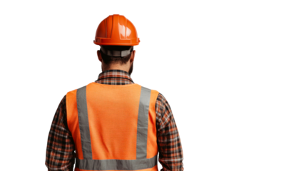 Construction worker wearing safety gear and helmet in urban setting