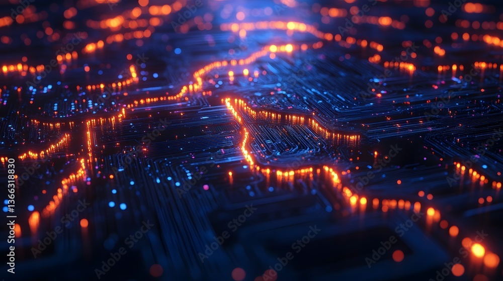 Poster intricate computer circuit board with glowing lines and dots, symbolizing data transfer and technolo