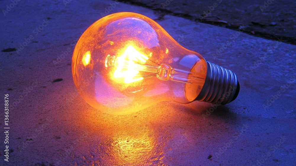 Poster close-up of a light bulb emitting a warm orange glow on a textured surface, creating a cozy and vibr