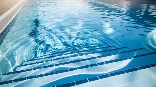 Inviting Pool Steps Beckon Swimmers, Into Crystal Clear Water. Sunlight Dances, Creating Serene Reflections. Blue Water, Clean Tile Create A Peaceful Scene. Summer Swimming Is Pure Bliss. - Powered by Adobe