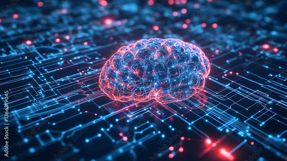 Poster a vivid visualization of a digital brain intertwined with intricate circuit board pathways, symboliz