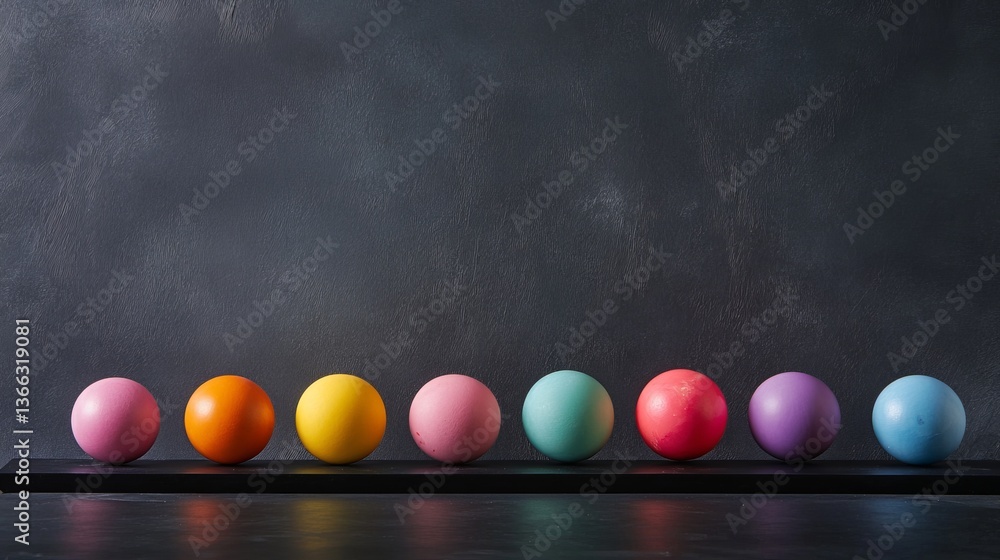 Poster a row of pastel-colored balls neatly aligned on a sleek black platform, set against a dark textured 