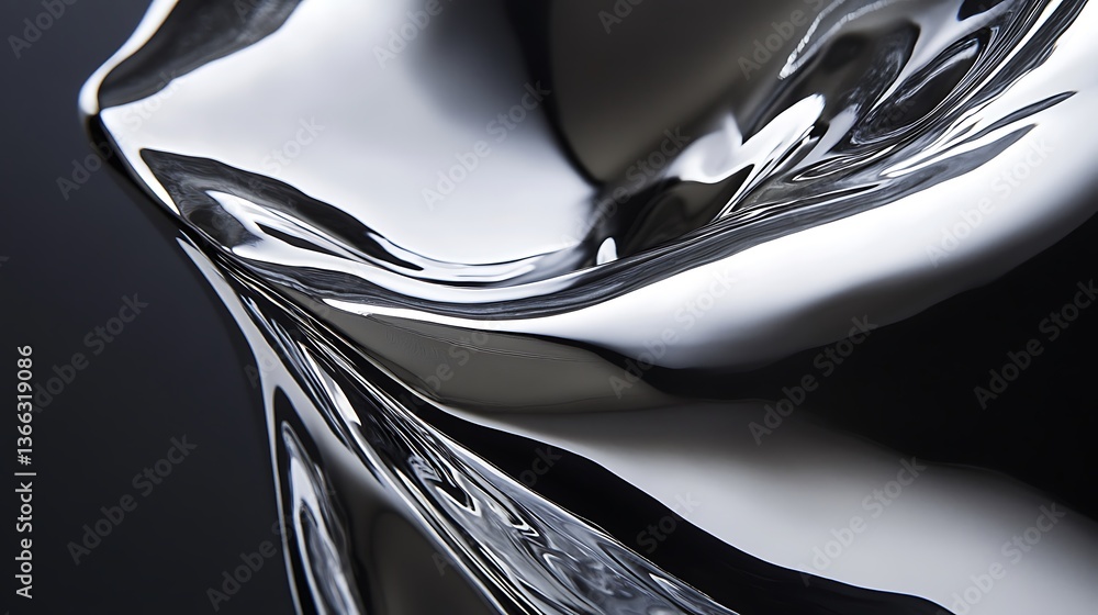 Poster abstract metallic curves: a mesmerizing display of light and shadow in monochromatic silver tones.