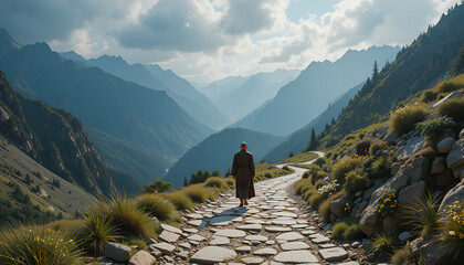 7️⃣ "Path to Enlightenment &ndash; A Lone Monk Walking on a Mountain Trail" &ndash; Ek spiritual monk ya Sufi dervish jo ek ancient mountain trail par patience aur peace ke saath chal raha ho.
