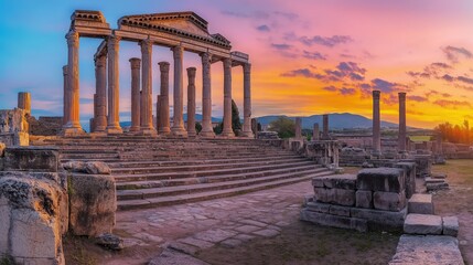 Fototapeta premium Ancient ruins with tall columns and stone steps under vibrant sunset sky