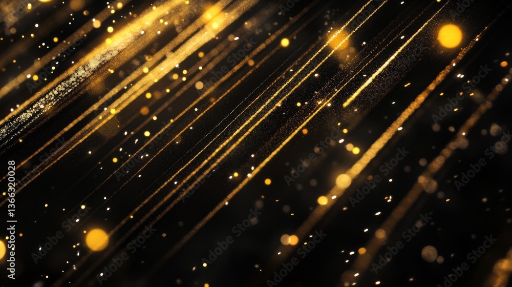 Poster abstract golden light trails streaking diagonally across a black background, creating a vibrant and 
