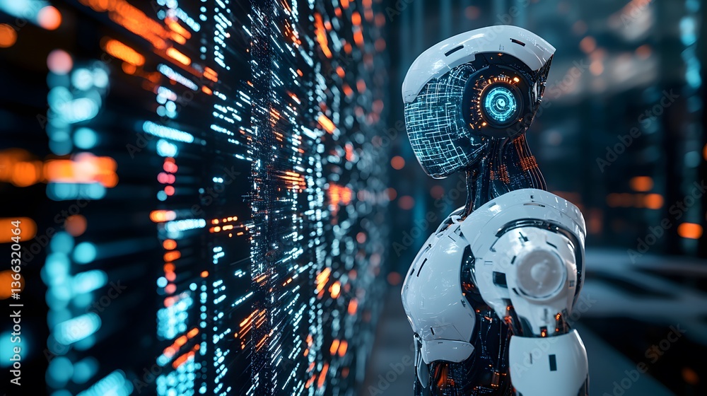 Poster a futuristic robot stands in front of a digital data stream, symbolizing technology and artificial i