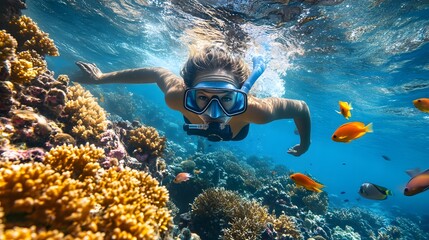 an adventurous woman enjoying a snorkeling experience in vibrant coral reef. The woman explores a stunning underwater world, surrounded by colorful fish