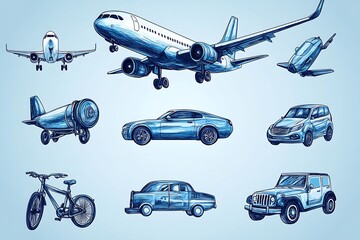 Artistic Illustrations Show Various Modes of Transportation Against Blue Backgrounds