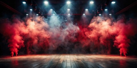In a theatrical venue, vibrant smoke in shades of red and white billows across the stage as dramatic lighting creates an intense atmosphere, setting the scene for an exciting show