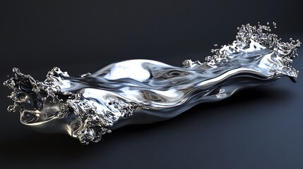 Abstract Metallic Silver Liquid Splash with Detailed Surface and Smooth Fluid Dynamics against Dark Background.