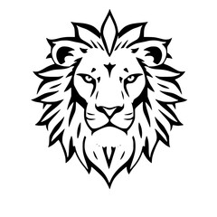 Obraz premium A stylized black and white head of a lion with a detailed mane, facing forward against a plain white background, rendered in an outline tattoo style.