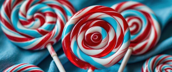 colorful lollipop display on blue cloth for sweet treats concept
