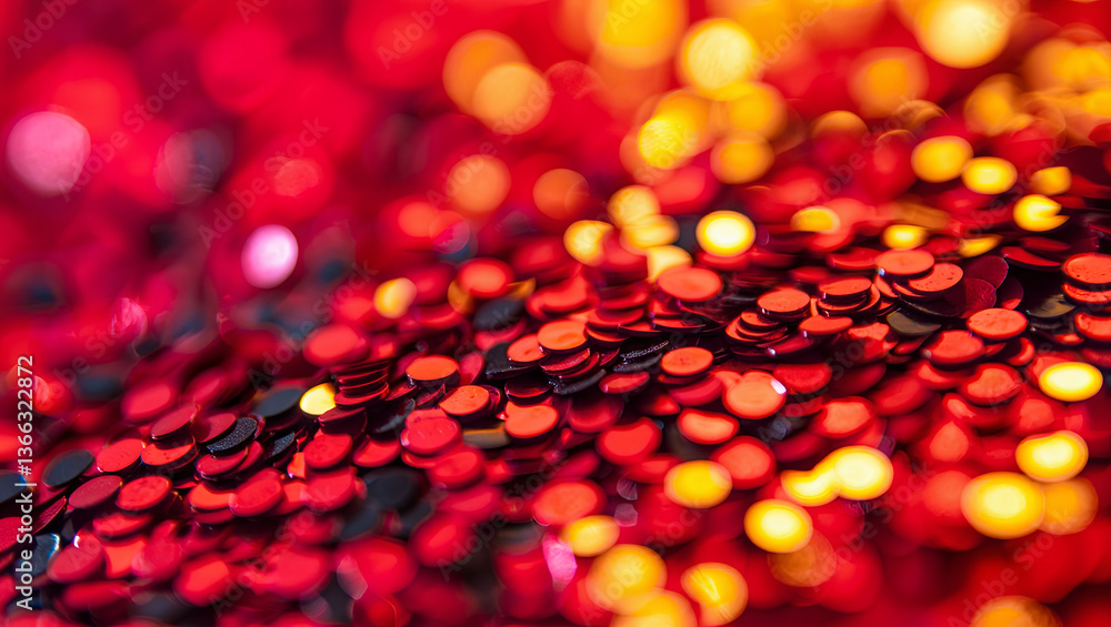 Poster bright red and black sequins sparkle under light, forming a colorful array that captures the festive