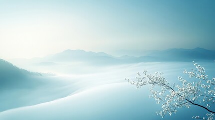 Misty Mountain Landscape with Cherry Blossoms