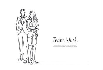 Continuous one line drawing of business people, businesswoman and businessman line art vector illustration. Business teamwork concept.Editable stroke. Doodle vector illustration	