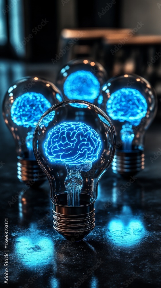 Poster a series of glowing blue brain light bulbs lined up in perspective, symbolizing collective intellige