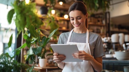 Young restaurant owner using a digital tablet to manage orders and operations, standing confidently in a trendy modern cafe interior