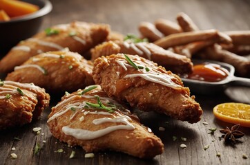 Crispy chicken wings, drizzled with sauce, on wooden table.