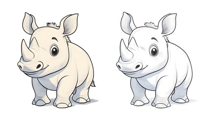 Professional Cute Cartoon Rhino Coloring Transformation Illustration