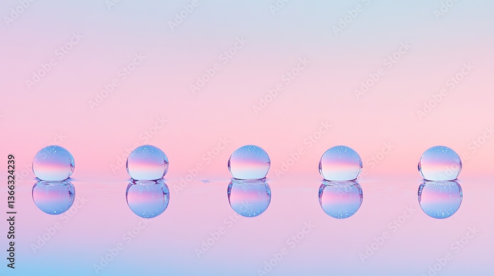 Poster five aligned water droplets reflecting pink and blue gradient colors, creating a visually balanced a