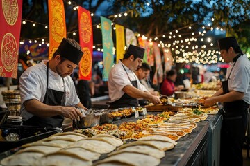 Chefs preparing colorful dishes at festive outdoor food market