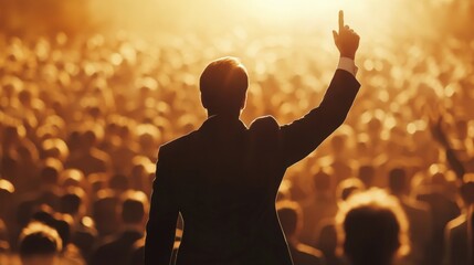 Leader in Sunlight: Silhouette of a leader in a suit, raising a hand to inspire a large crowd, silhouetted against the sun's radiant glow. The image encapsulates power, influence, and motivation.