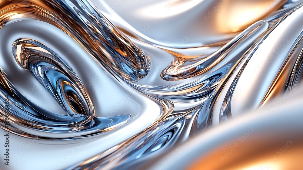 Poster abstract metallic waves: modern chrome and copper design texture, sleek surface patterns, fluid form
